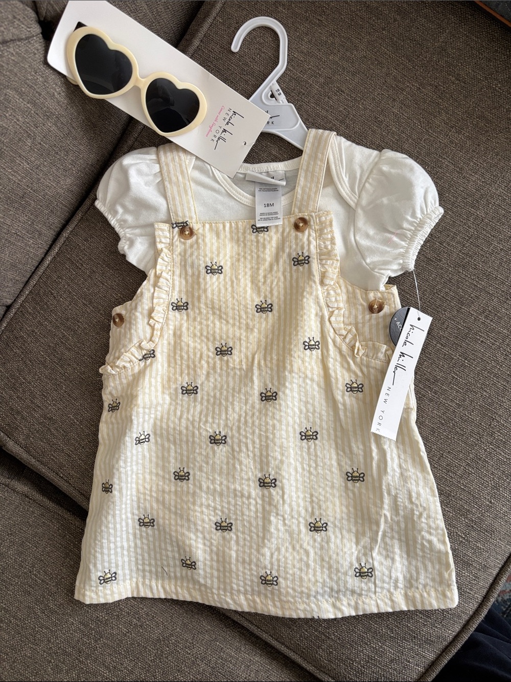 baby bee embroidered seersucker dress with white top